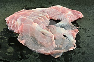 Raw sliced pork on cutting board