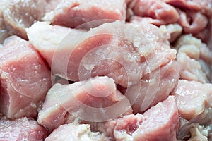 Raw slices of pork mea in glass bowl