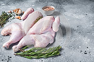 Raw spatchcock chicken meat with garlic and thyme. Gray background. Top view. Copy space