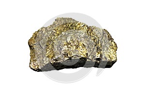 Raw specimen of brass-yellow mineral rock of Chalcopyrite copper iron sulfide mineral stone isolated on white background.