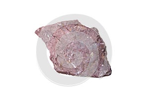 Raw specimen of Pink Arkosic Sandstone rock isolated on white background.