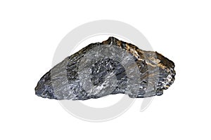 Raw specimen of Stibnite rock, Antimonite sulfide mineral rock isolated on white background.