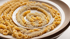 Raw spiral pasta in a plate on a white background, isolated.