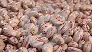 Raw spotted pinto beans. Macro. Dolly shot. Mottled red kidney.