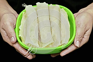 Raw spring roll as four sheet wrap fried vermicelli and sliced
