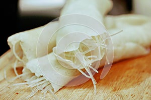 Raw spring roll as four sheet wrap fried vermicelli and sliced