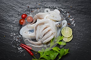 Raw squid with lemon herbs and spices on dark background top view - octopus ocean gourmet fresh squid in the seafood restaurant
