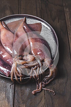 Raw squids on gray plate with cilantro and lemons. On dark wooden background