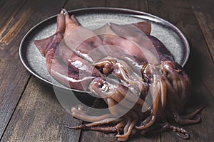 Raw squids on gray plate with cilantro and lemons. On dark wooden background