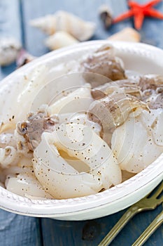 Raw squids in white plate