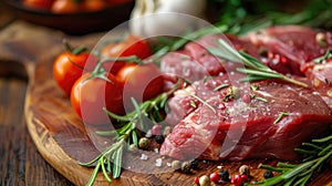 Raw Steak Seasoned with Herbs Ready for Cooking