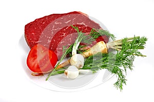 Raw steak on white dish