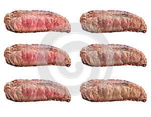 Raw steaks frying degrees: rare, blue, medium, medium rare, medium well, well done