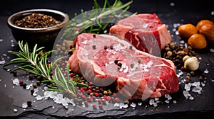 Raw steaks, generously seasoned with pepper, salt, and fragrant rosemary, resting on a dark, textured rock surface