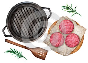 Raw steaks hamburgers cutlets, grill pan. Watercolor