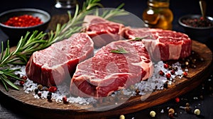 Raw steaks meticulously seasoned with salt, pepper, and aromatic rosemary, carefully arranged on a rustic wooden board