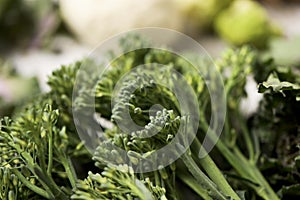 Raw stems of broccolini on a table photo