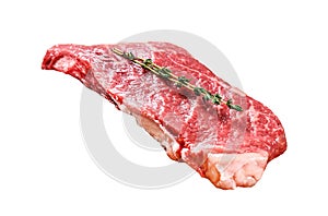 Raw Striploin steak on a meat cleaver, marbled beef. Isolated on white background. Top view.