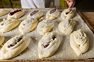 Raw sweet yeast dough on a baking sheet, filling buns cheese. Preparation for baking. The concept of chefs and baking.