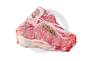 Raw T bone beef meat steak, porterhouse steak on butcher table with rosemary. Isolated, white background.