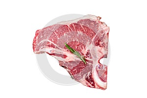 Raw T bone beef meat steak, porterhouse steak on butcher table with rosemary. Isolated, white background.