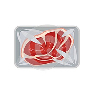 Raw tenderloin meat packaging, food plastic tray container with transparent cellophane cover vector Illustration on a