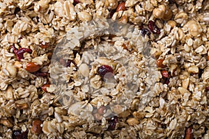 Raw Texture oatmeal granola or muesli as background. Food concept. Healthy and wholesome food