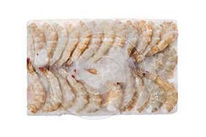 Raw tiger shrimp frozen in large ice cube isolated on white