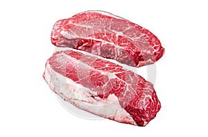 Raw top blade cut organic beef meat. Isolated, white background.