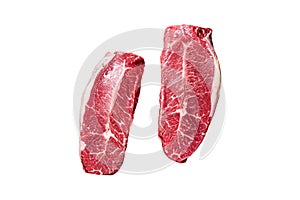 Raw top blade cut organic beef meat. Isolated, white background.