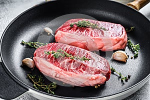 Raw top-blade steak in a pan. Gray background. Top view