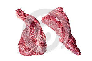 Raw tri tip beef steak on kitchen table. Isolated, white background.