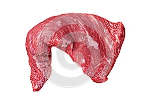 Raw tri-tip triangle roast or bottom sirloin steak on plate with herbs. Isolated, white background.