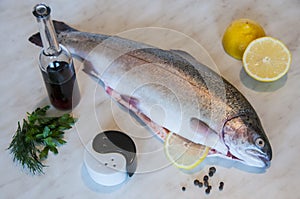 Raw trout with red vine, slices of lemon, bunch of greens, pepper and salt on a marble background. Fresh fish dish.