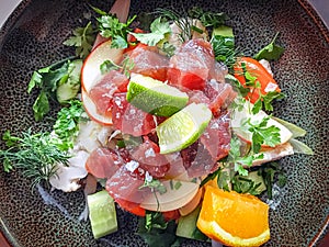 Raw Tuna Ceviche with fresh fruits and vegetables