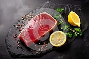 Raw tuna fillet on a black stone top view with parsley, lemon and spice. Generative AI