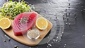 Raw Tuna Steak Dressed with Lively Lemon and Exquisite Seasonings.