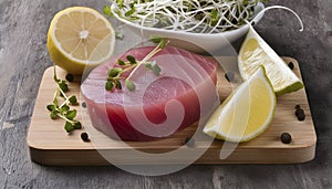 Raw Tuna Steak Enhanced with Tangy Lemon and a Hint of Sea Salt and Pepper.