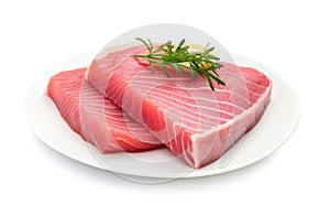 Raw tuna steak isolated, Red sea fish fillet, fresh tuna filet, seafood sashimi, bluefin piece, akami