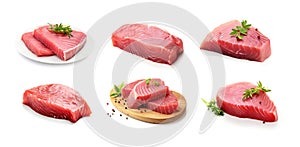 Raw tuna steak isolated, Red sea fish fillet, fresh tuna filet, seafood sashimi, bluefin piece, akami