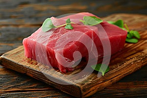 Raw tuna on a wooden cutting board