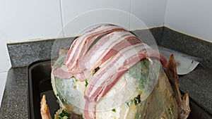 A raw turkey being prepared for Holidays or celebration dinner