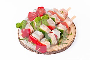 Raw turkey skewers with vegetables,peppers,onions white background.Skewers with pieces of raw meat,red, and green pepper