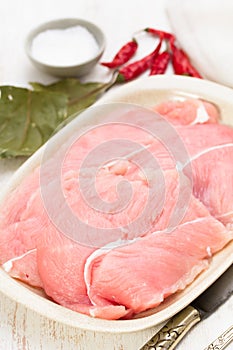 Raw turkey with spices on dish on white background