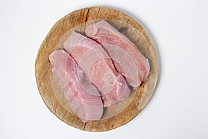 Raw turkey steaks on a white plate. Turkey breast fillet on a wooden board.
