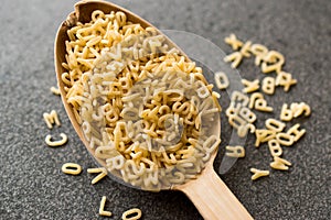 Raw Uncooked Alphabet Pasta in Wooden Spoon