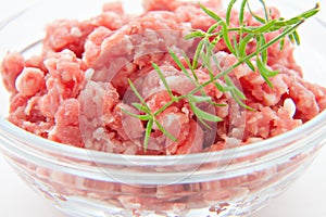 Raw uncooked minced meat food at white background