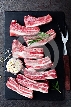 Raw uncooked pork ribs, fresh meat on dark metal background. Top view