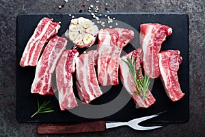 Raw uncooked pork ribs, fresh meat on dark metal background. Top view