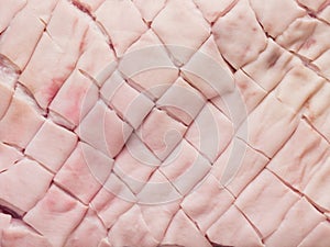 Raw uncooked scored pork belly skin food background